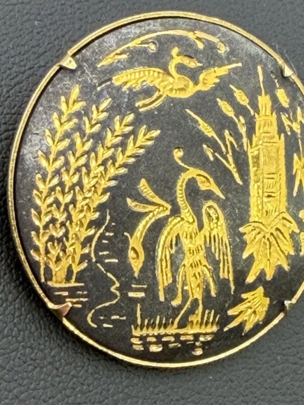 Vintage Damascene Brooch Black Crane Water Cattails Trombone Clasp